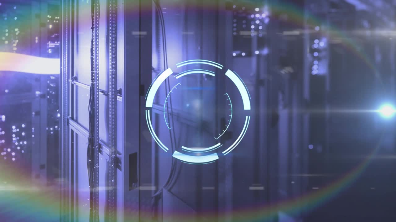 Overlaid HUD pulsing, rotating in rack corridor, star flare aligning, boosting inner glow for scan