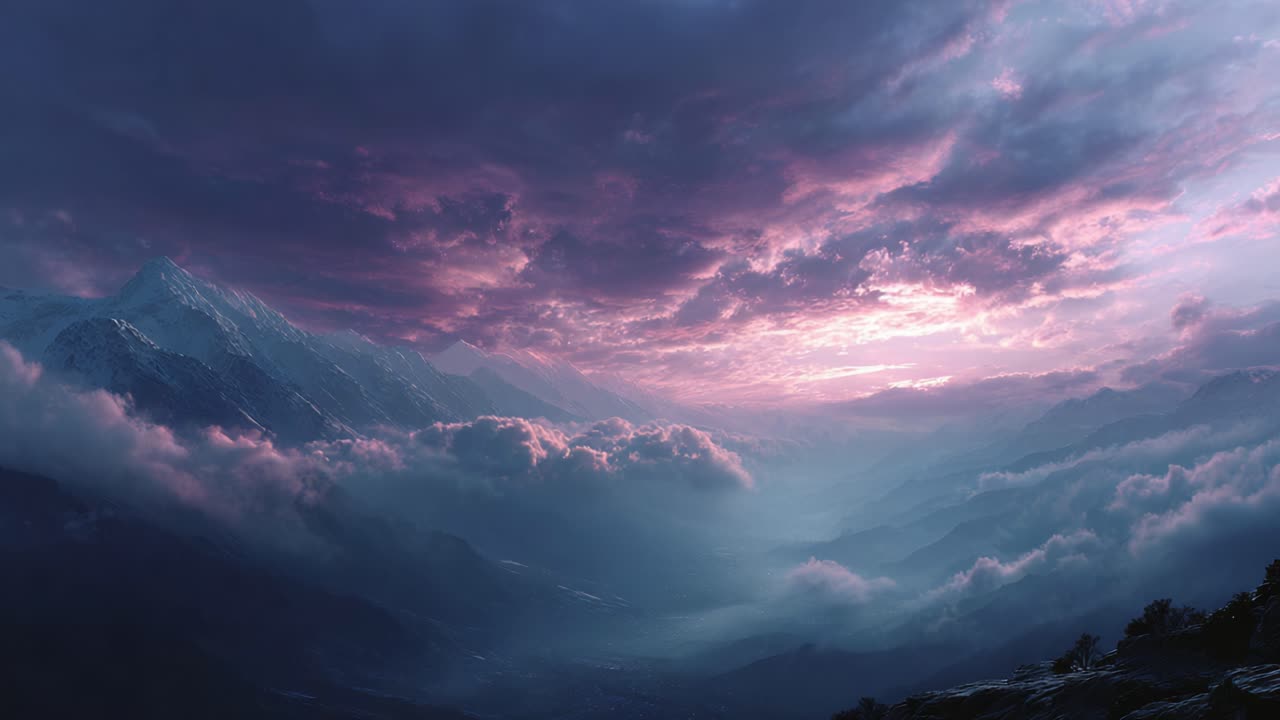 Breathtaking Twilight Scene Over Majestic Mountains with Dramatic Skies and Ethereal Clouds, Capturing the Serenity of Nature's Beauty in a Mesmerizing Landscape