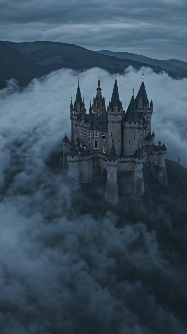 Aerial video of a castle surrounded by clouds, creating mystical atmosphere. Mobile wallpaper video