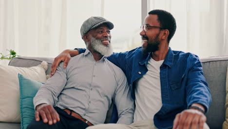 happy, face and man with his senior father on sofa