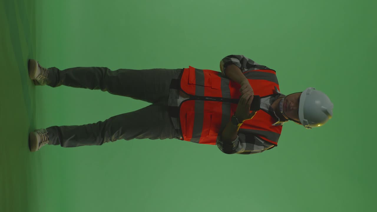Full Body Of Asian Male Engineer With Safety Helmet Using Smartphone And Looking Around While Standing In The Green Screen Background Studio, During Sunset Or Sunrise Time