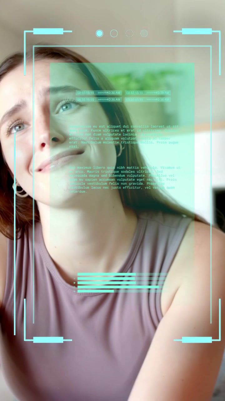 Video verticale: Donna che sposta lo sguardo e si china dopo un segnale fuori campo, con un HUD color acquamarina che sovrappone dati tecnici.