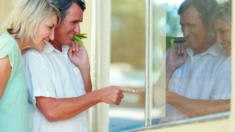 Pareja-Sonriente-Mirando-La-Ventana-De-Visualización