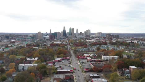 wide drone shot of kansas city, missouri skyline during daytime