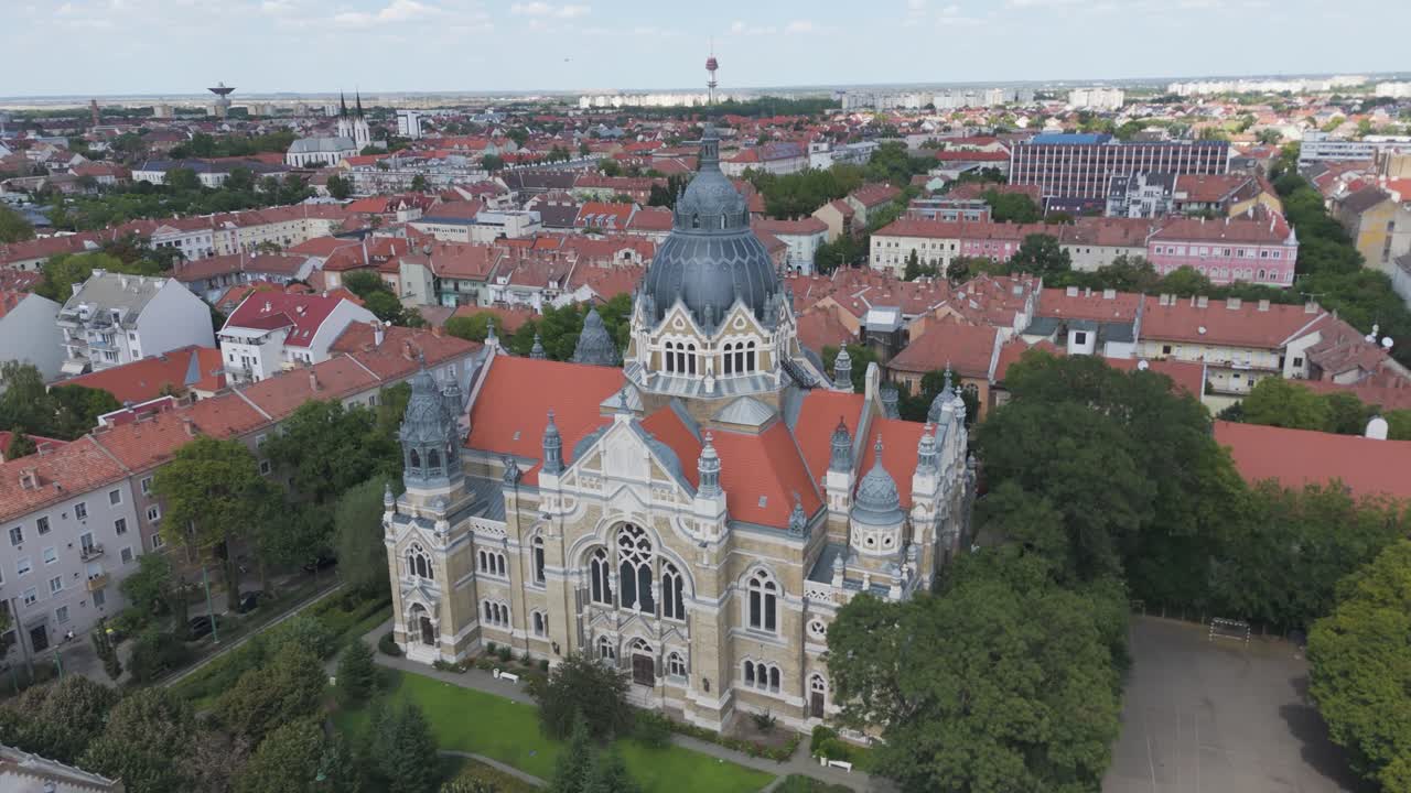 Drone view showcasing the Synagogue in Szeged, highlighting architecture and urban context