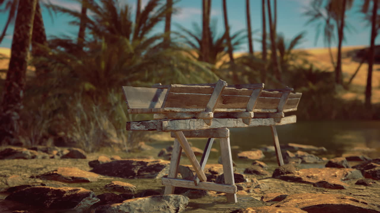Weathered wooden trough near a tranquil oasis surrounded by palm trees