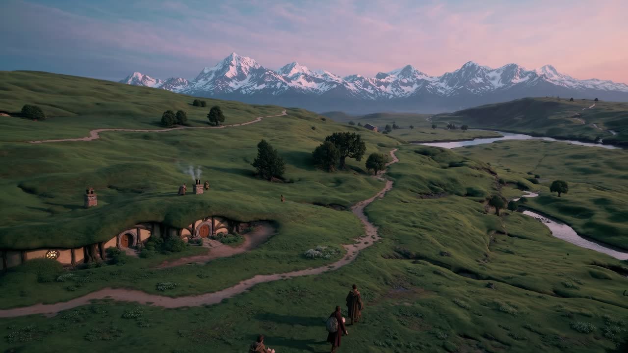 Aerial video captures a serene, fantasy landscape with hobbit-style homes nestled in rolling hills