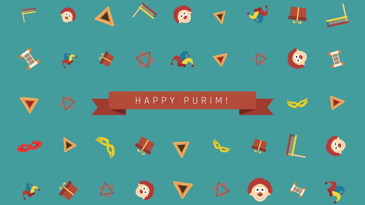 푸림 휴일 평면 디자인 애니메이션 배경에 전통적인 기호와 영어 텍스트