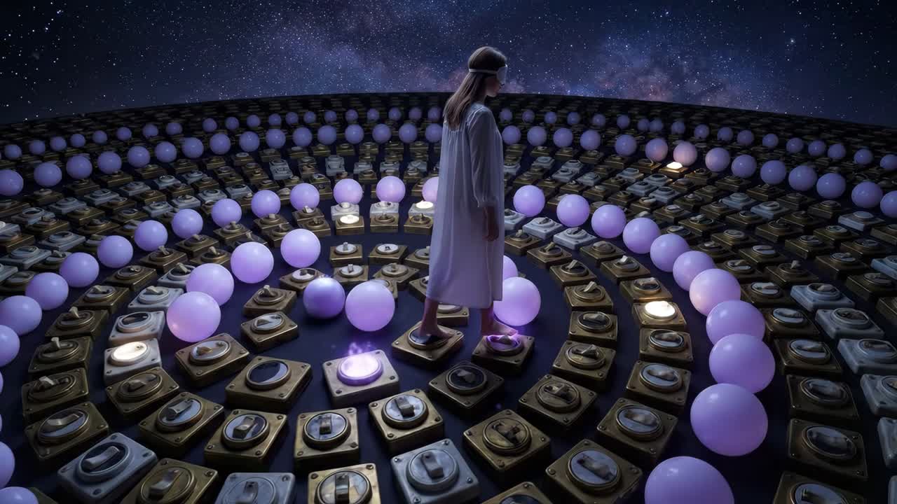 Blindfolded Woman Walks on Glowing Orbs Under a Starry Night Sky