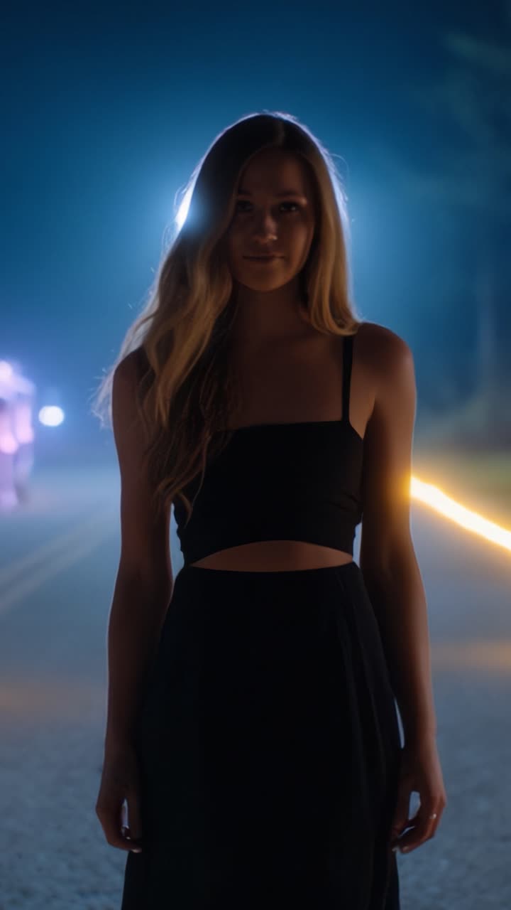 A Mysterious Portrait of a Young Woman Standing on a Dark Road Surrounded by Ethereal Lights in a Dreamlike Night Setting