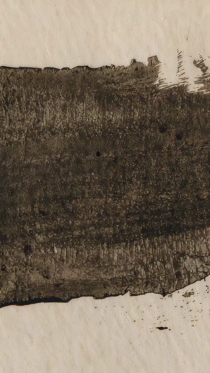 Vertical video: Micro pan camera revealing wide dark brushstroke on off-white paper for close study