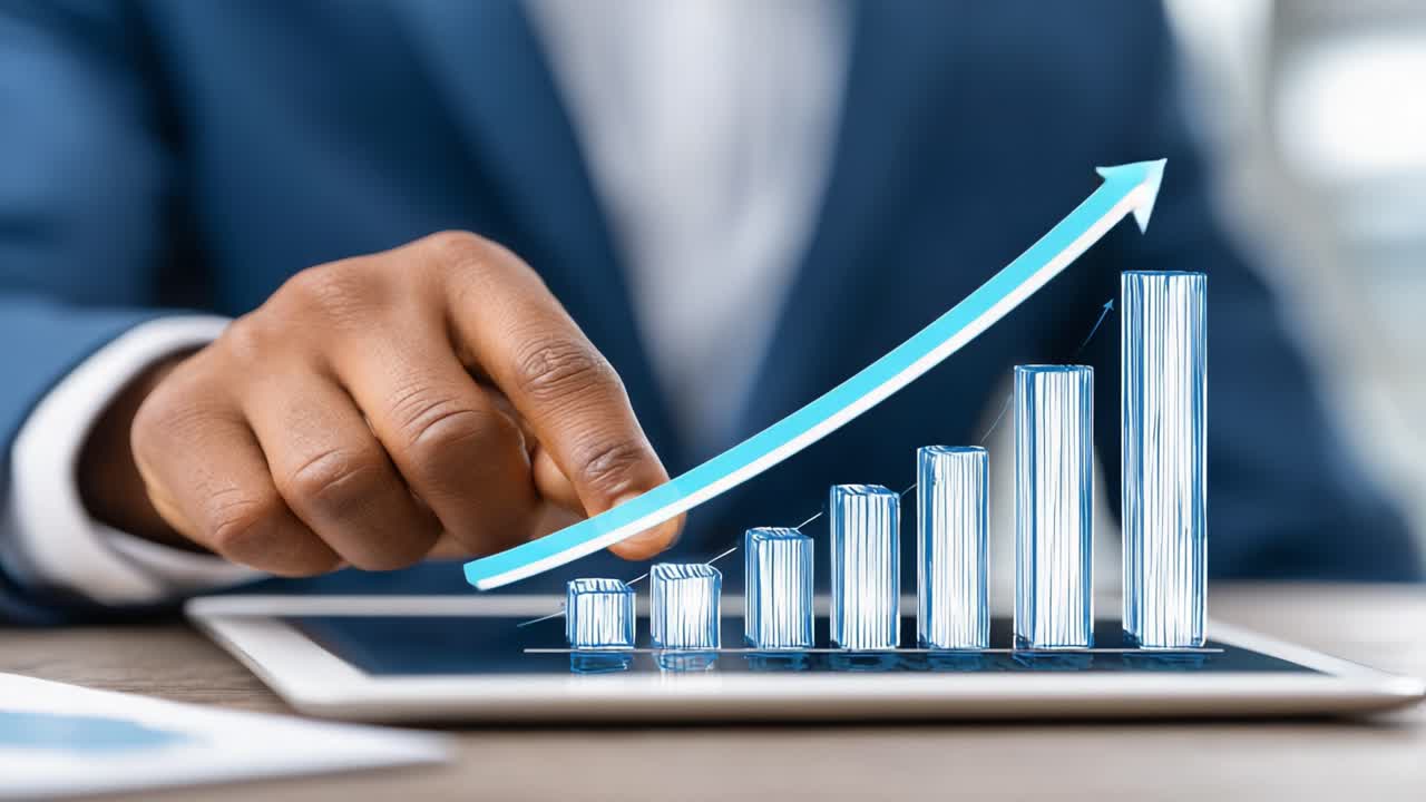 Ein Business-Profi analysiert Wachstumstrends auf einem Tablet und hebt die Datenvisualisierung durch ein steigendes Balkendiagramm und einen Aufwärtspfeil zur Analyse hervor