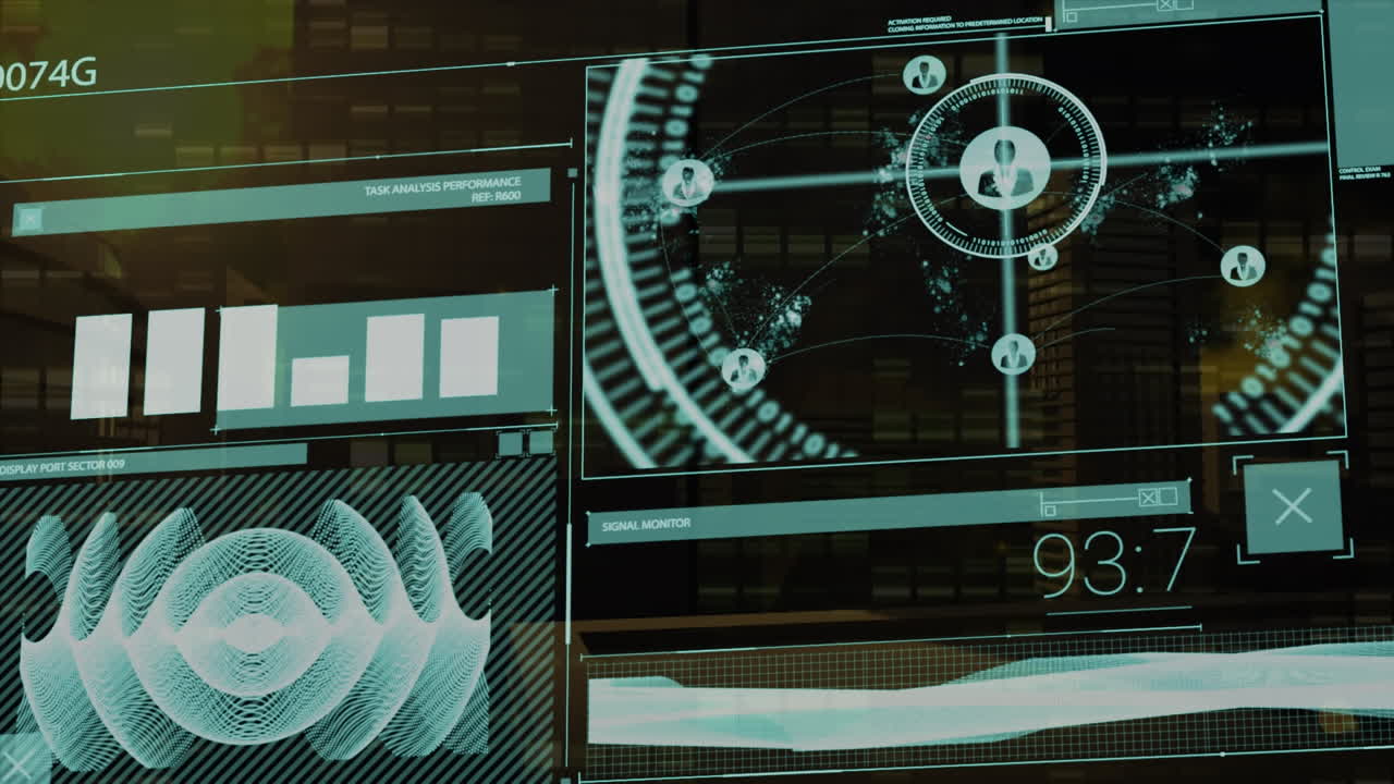 animación del procesamiento de datos financieros sobre el paisaje urbano