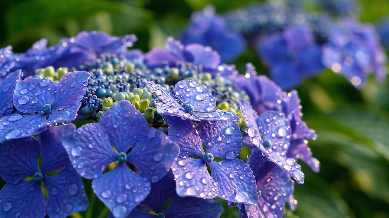 Close-up of blue hydrangea flowers with morning dew droplets