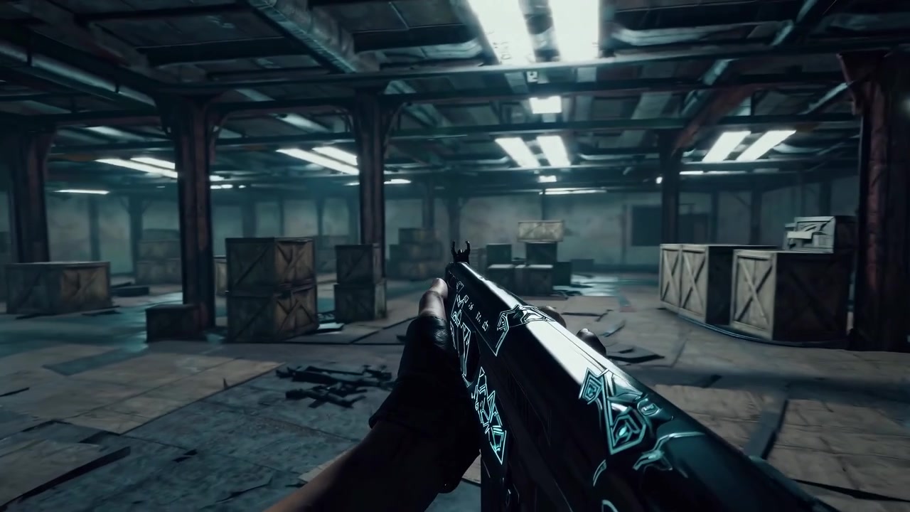 First Person View of Player Holding Assault Rifle in Industrial Warehouse