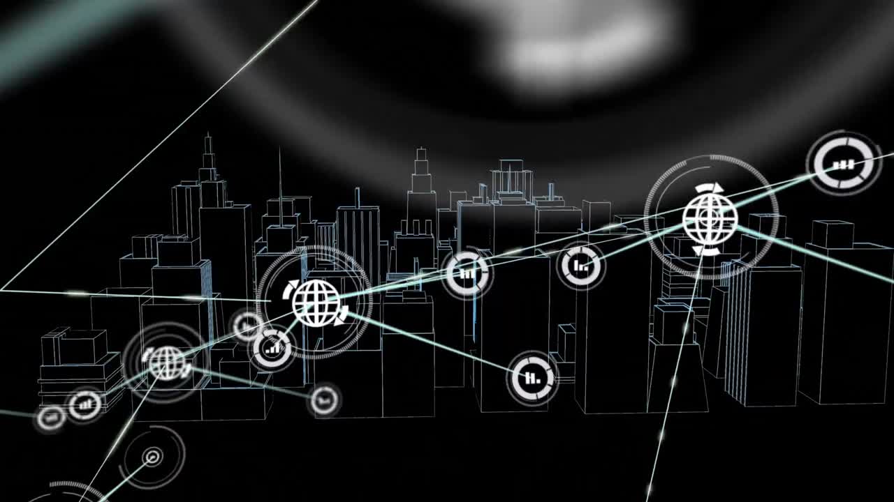 Animation of networks of connections with icons over 3d city drawing spinning on black background