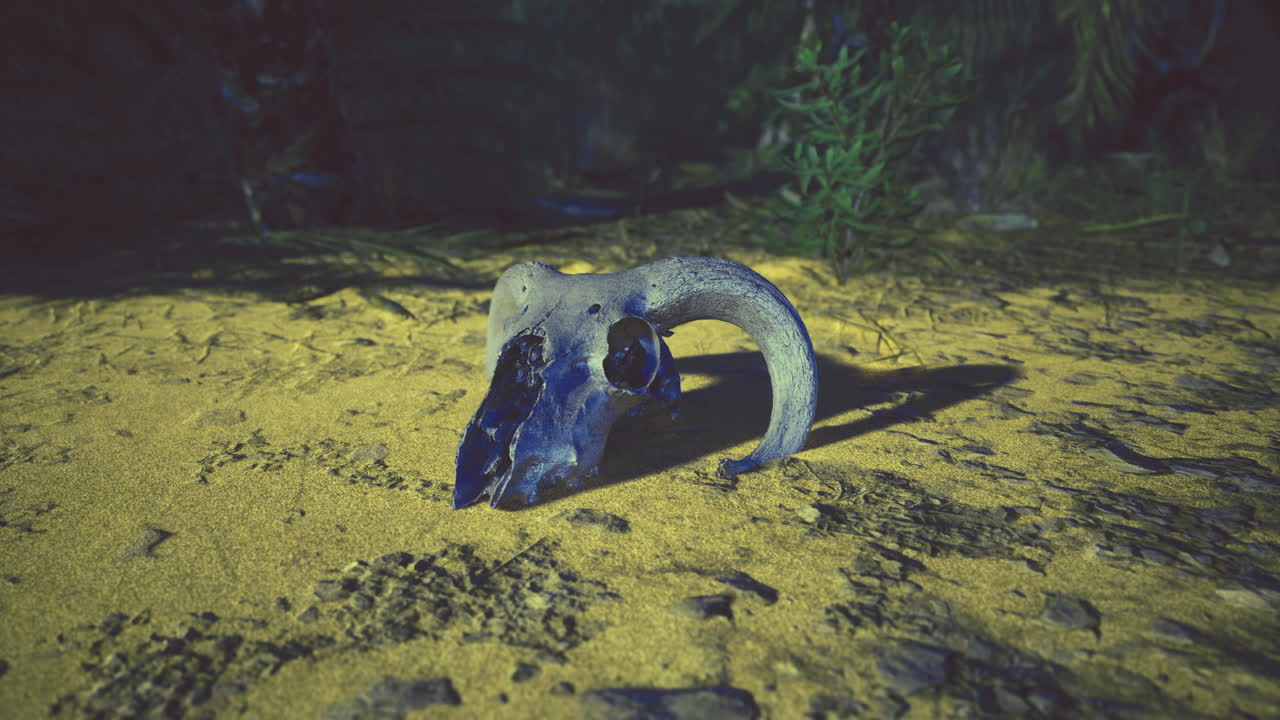 Unique animal skull rests on sandy ground in a forested environment