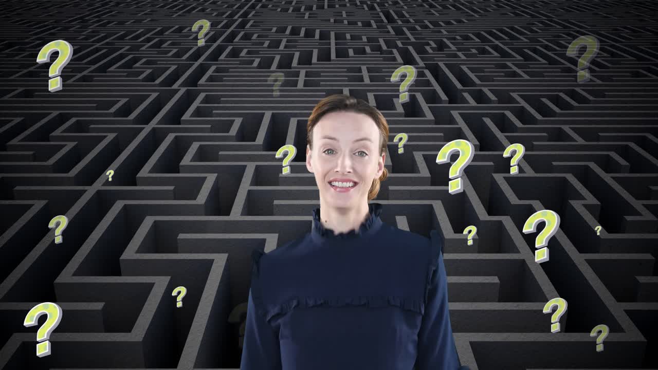 animación de una mujer caucásica incierta y signos de interrogación amarillos moviéndose sobre el laberinto gris