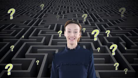 Animation-of-uncertain-caucasian-woman-and-yellow-question-marks-moving-over-grey-maze