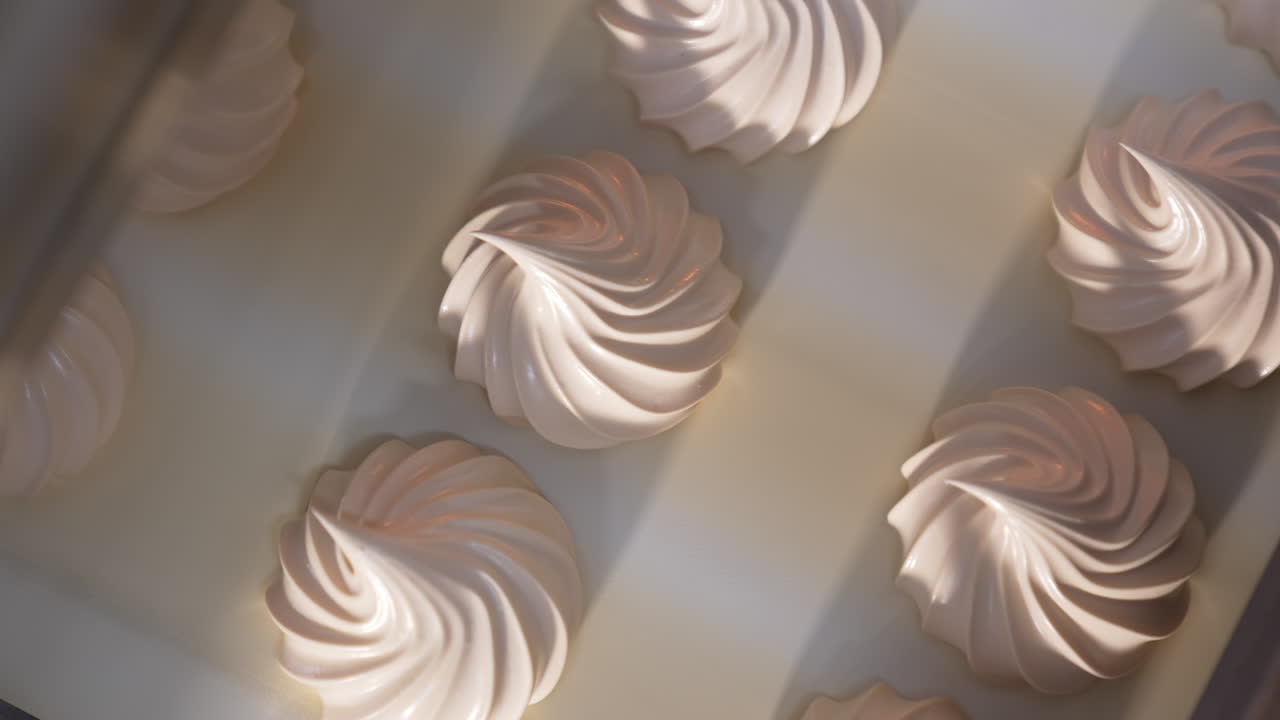 Beautifully shaped white creamy marshmallows moving slowly on conveyor belt. View from above. Close up.