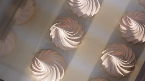 beautifully shaped white creamy marshmallows moving slowly on conveyor belt. view from above. close up.