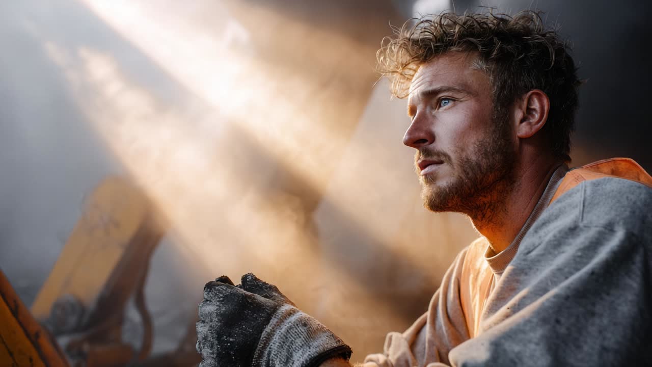 Construction worker looking at sunbeams
