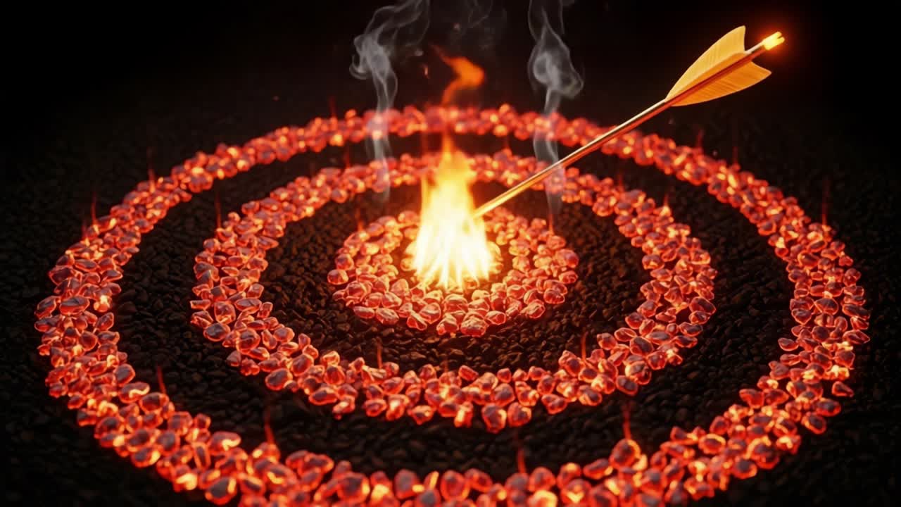 An archery arrow striking a fiery target surrounded by glowing embers and swirling smoke, highlighting the precision and intensity of the moment captured in a dramatic visual