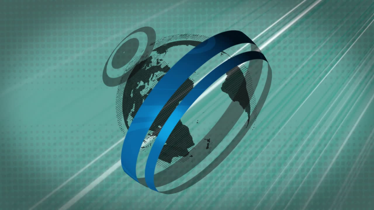 globo giratorio con animación de anillos azules sobre fondo digital verde