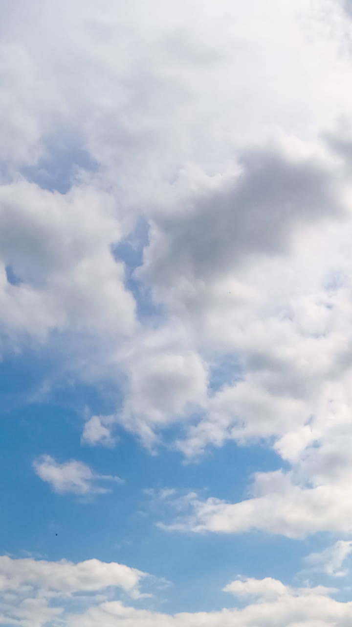 Blue summer sky with light soft clouds. Soft white cloudscape lit by the bright sun. Timelapse. Vertical video