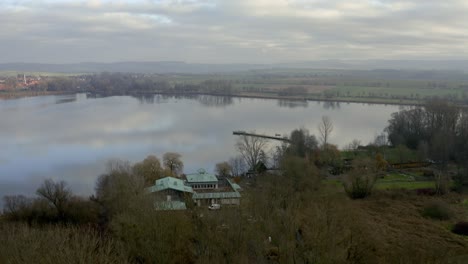 Drone-Aerial-of-the-Lake-Seeburg-Seeburger-See-on-a-beautiful-sunday-morning-in-the-Harz-national-Park-near-Göttingen-in-central-germany