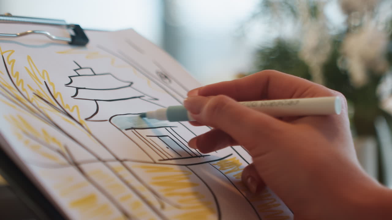 Mão colorindo esboço arquitetônico em prancheta, designer adicionando aguada azul e detalhes amarelos, close-up da mão direita guiando o marcador sobre traços finos, luz natural suave e fundo de planta desfocado.