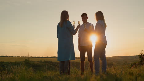 un grupo de amigos tocan copas contra el telón de fondo de un paisaje pintoresco donde se pone el sol