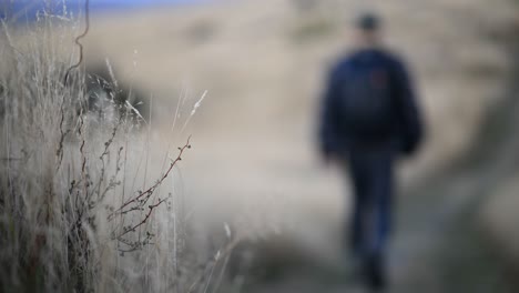 hiker out of focus walking along trail in dry highlands