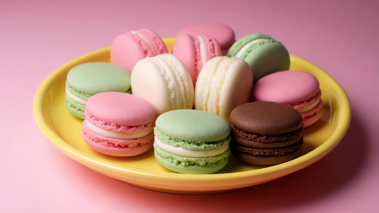 Colorful Macarons on a Yellow Plate