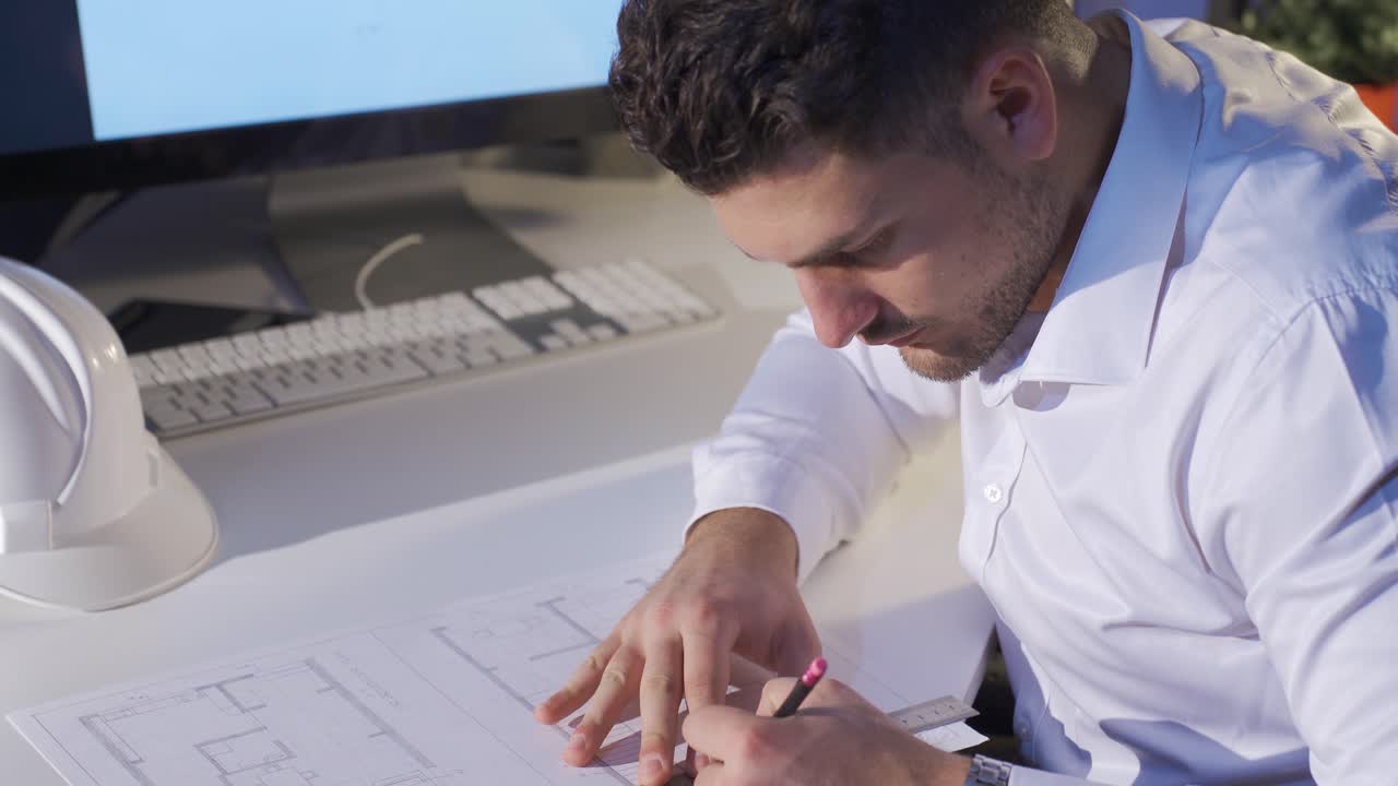 diseñador masculino trabajando en una oficina moderna para un nuevo proyecto de arquitectura de interiores.