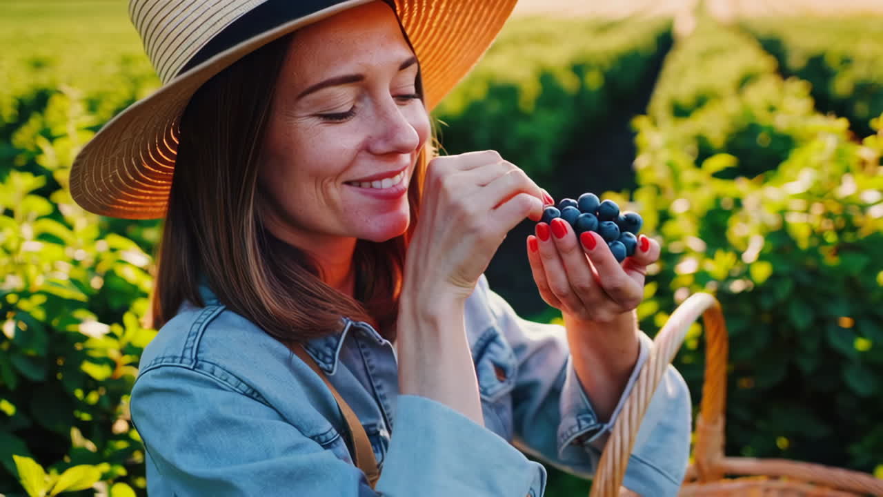 Woman Picking Blueberries in a Sunny Field