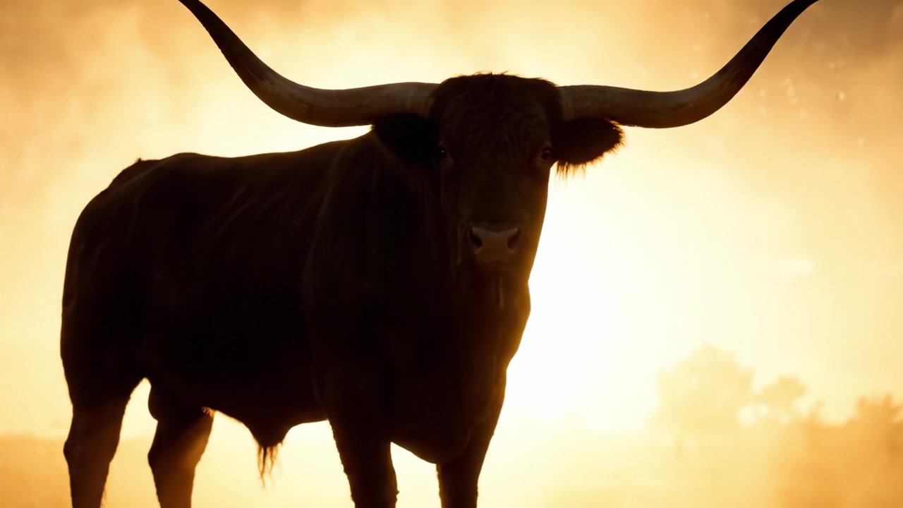 Un toro maestoso in silhouette contro un tramonto dorato, che cattura l'essenza di forza e grazia in un ambiente naturale sereno