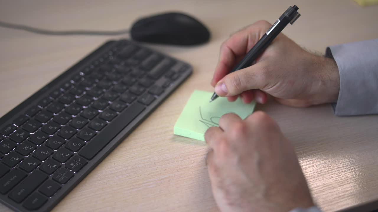 Hands Of Office Worker Writing Note Near Keyboard, Shirt Sleeve And Ring Visible, Pen And Mouse On Desk. Media