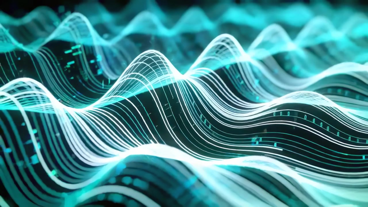 Pulsing waveform reacting to playback, moving through digital field with markers visualizing flow