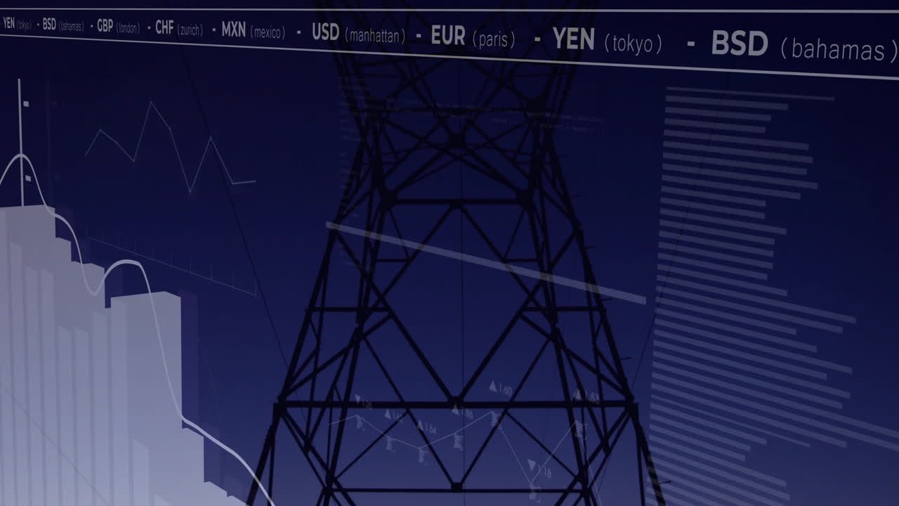 Animation of power line tower with financial data and currency exchange rates