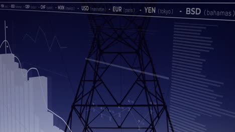 animation of power line tower with financial data and currency exchange rates