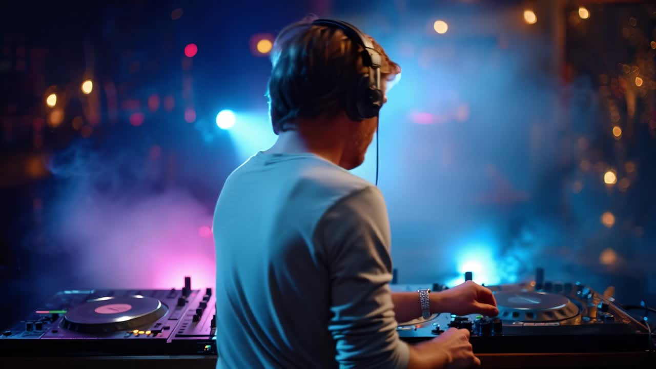 Dj mixes tracks under vibrant, smoky lights. Backlit by glowing hues, he's focused and intense. Fingers glide over controls with rhythm and precision. Ideal for nightlife, music
