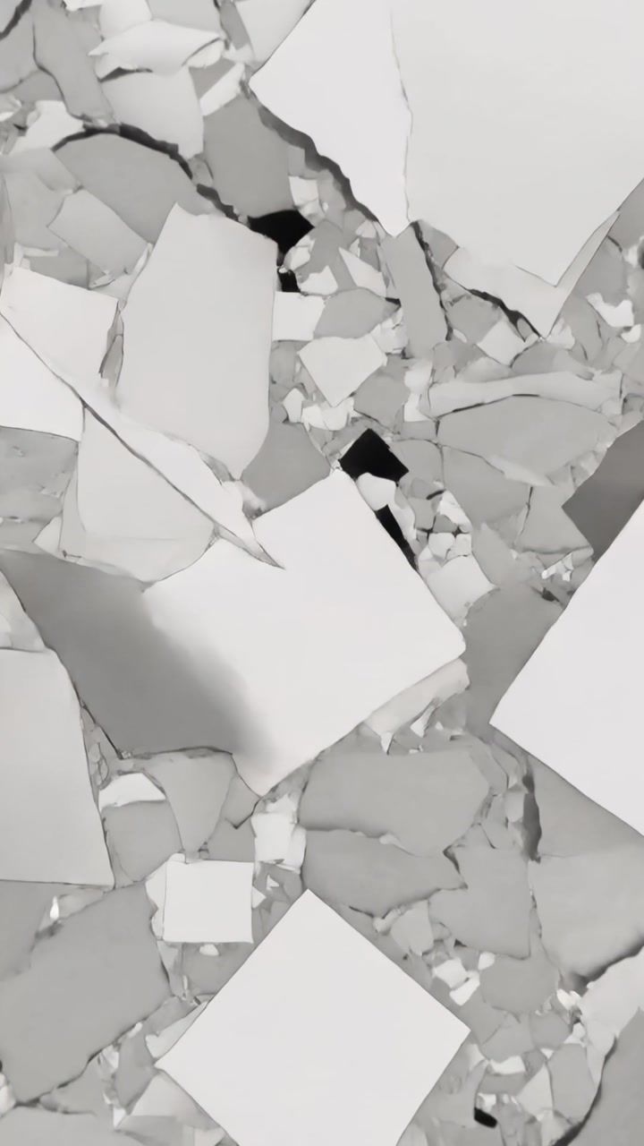 Vertical video: Revealing first frame, torn fragments and square cards shifting, forming dark voids