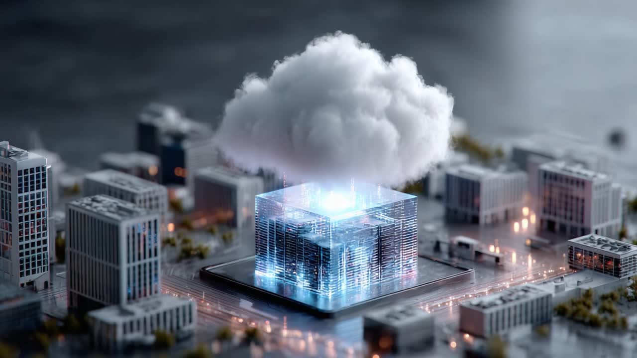 A Stunning Visualization of a Cloud Computing Concept Over a Futuristic Cityscape, Highlighting Data Integration and Modern Architectural Design