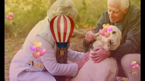 animation of dogs and balloons over happy senior couple petting dog in park