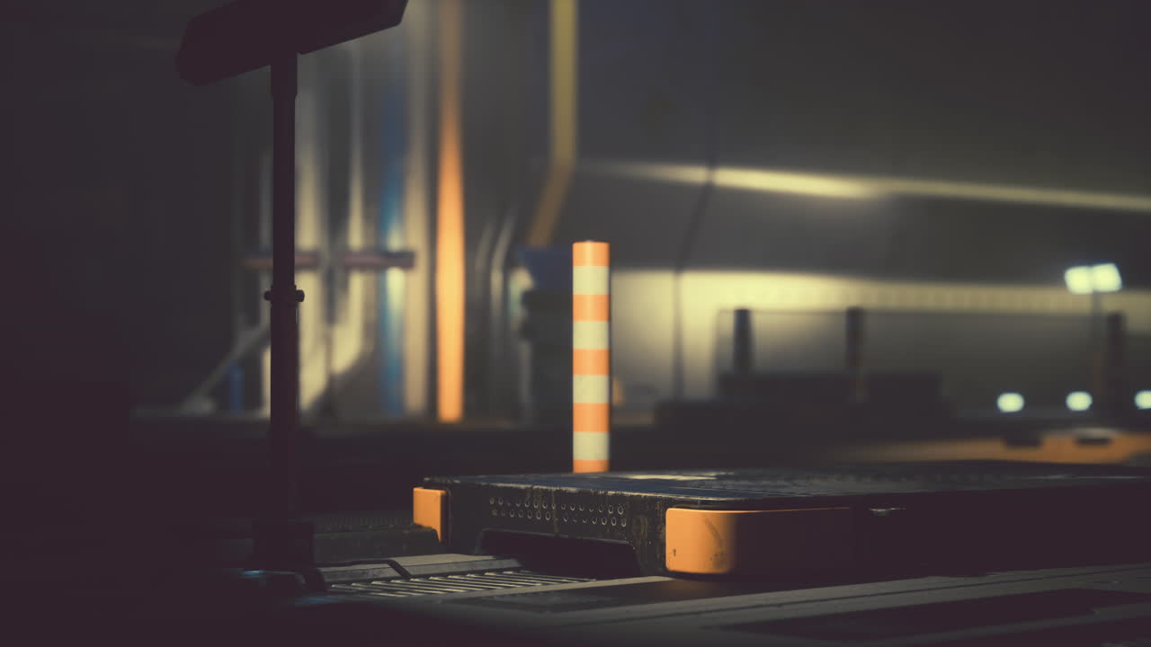 금속 구조물과 조명으로 둘러싸인 전면에 플랫폼이 있는 미래의 산업 장면입니다.