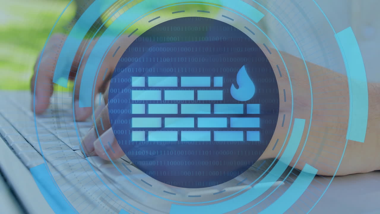 노트북에서 타이핑하는 백인 남자의 손 위에 서클로 된 방화벽의 애니메이션