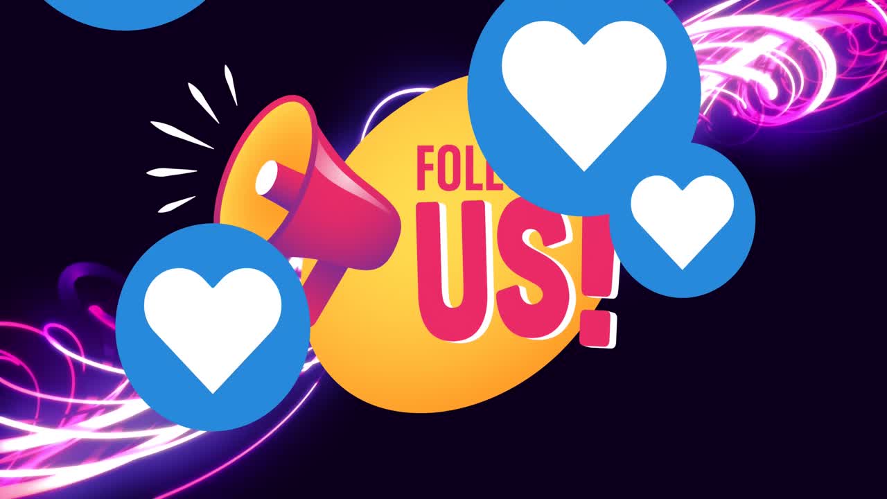 소셜 미디어 반응의 애니메이션과 검은 바탕에 분홍색 파동으로 우리를 따라