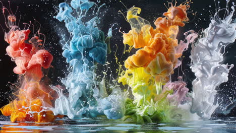 tintas que explotan en el agua haciendo patrones abstractos en el aire