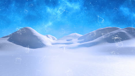 animación de formas de shristmas y nieve cayendo sobre el paisaje de invierno